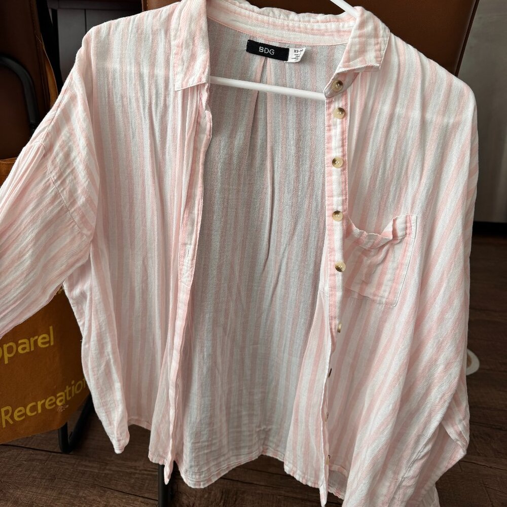 BDG Striped Button-Up Blouse, Pink & White - Size XS